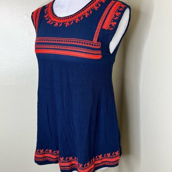 Entro Top Small Womens Blue Orange Embroidered Crinkle Gauze Rayon Boho Blouse - Picture 3 of 8